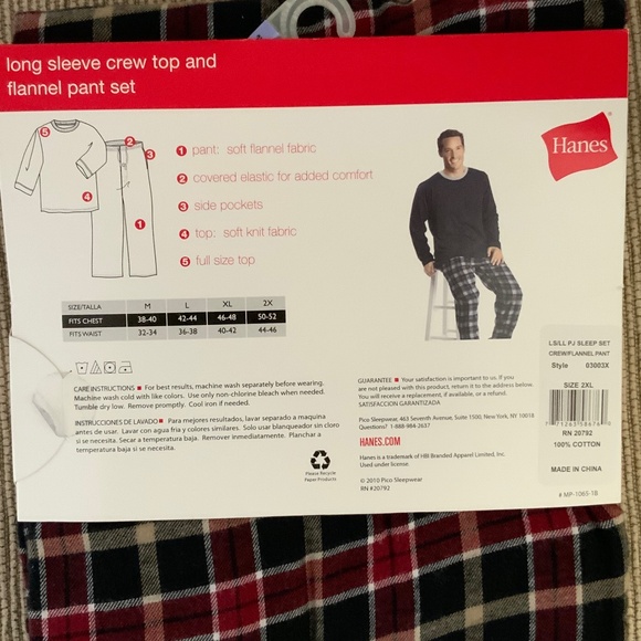 Hanes Mens PJ Set - LS Crew Top and Flannel Pants, Mens 2X, Black/Red - Picture 4 of 5